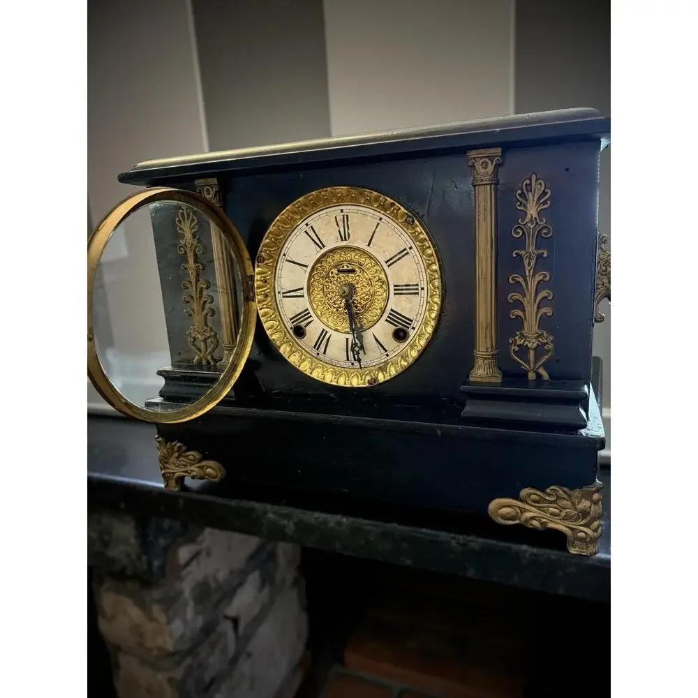 Searcy's Clockhouse Victorian Antique Wall Clock Black Gold Roman Numerals Wood